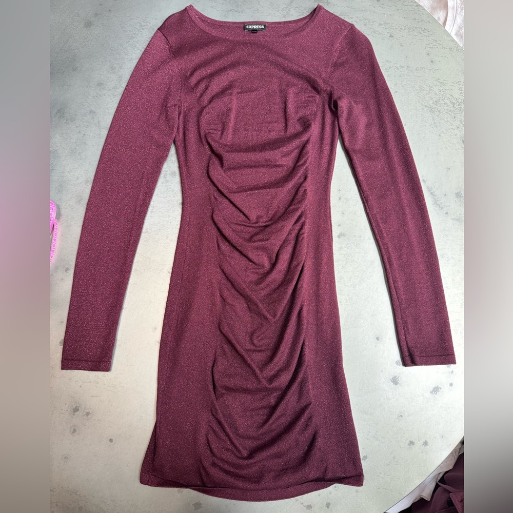 Express shimmery dark red/burgundy ruched body con long sleeve mini dress